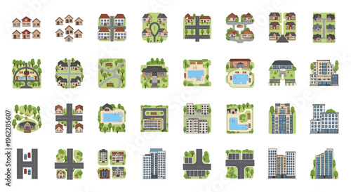 Illustration depicting various urban planning and architectural design concepts
