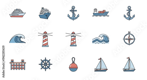 Nautical themed vector illustration set featuring ships, anchors, lighthouses, and waves