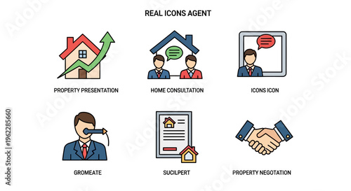 Real estate agent icon set illustrating property presentation, home consultation and negotiation