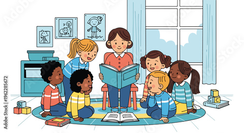 Teacher reading a storybook to a diverse group of happy preschool children during engaging story time in a bright classroom, fostering early education and literacy.