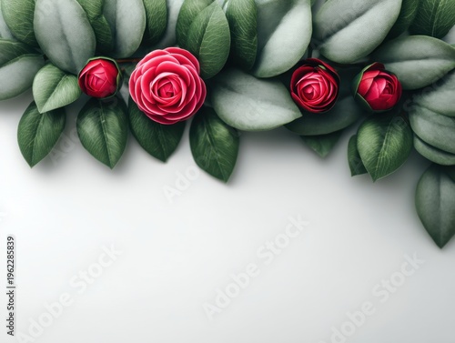 Fresh Green Leaves with Beautiful Pink Roses on Soft White Background for Elegant Floral Designs and Decorations