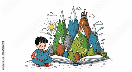 Boy reading a book that turns into a magical mountain landscape with a castle, symbolizing imagination and adventure