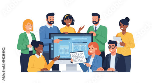 Diverse Design Team Collaborating on UI/UX Development. Professionals Brainstorming Web and App Interface Concepts.