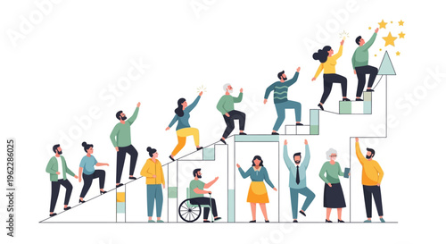 Diverse Team Climbing Stairs to Success and Growth. Inclusive Group Reaching Career Goals, Leadership, and Personal Development on an Upward Journey