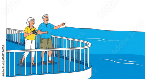 An elderly couple enjoys a scenic ocean view from a cruise ship deck