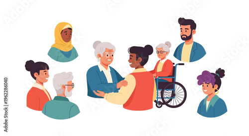 Diverse Community Illustration: Intergenerational Support, Inclusivity & Care. Happy People, Different Ages & Backgrounds Connecting.