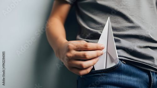 Man holding a folded paper airplane in his pocket with a grey shirt on