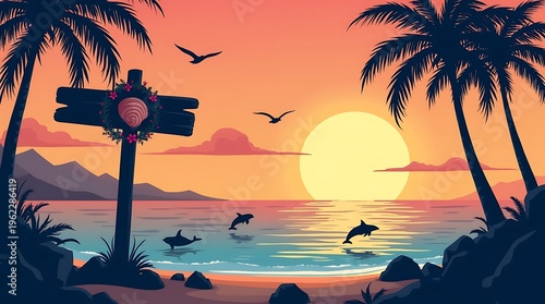 Tropical sunset with dolphins and palm trees by the shore