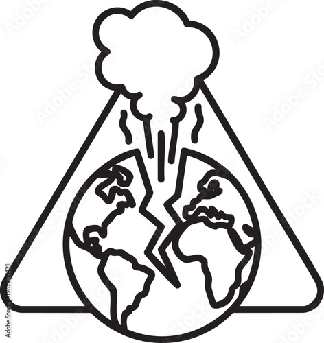 A warning sign depicting a fractured earth with rising smoke from a volcano