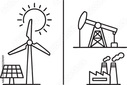 Renewable and non renewable energy sources contrasted in a simple line art illustration