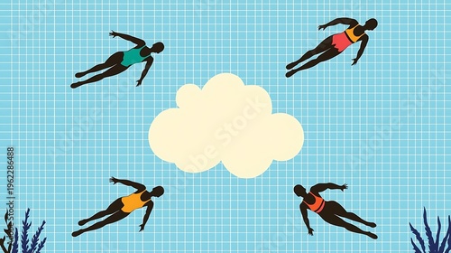 Four swimmers racing in a synchronized underwater sprint