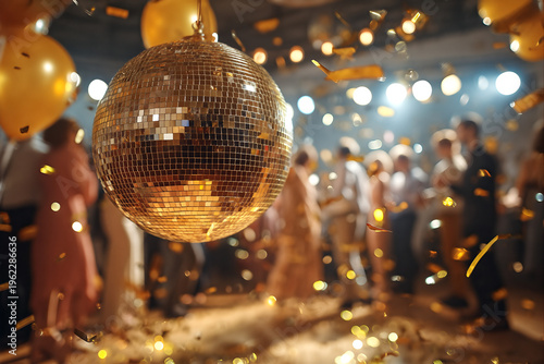 Golden Disco Ball Party: New Year's Eve Celebration with Dancing Revelers and Confetti