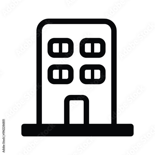 A stylized graphic of a building with four windows on the upper floors and an entrance below