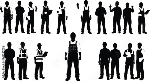 Collection of professional construction worker silhouettes wearing safety helmets and high visibility vests holding clipboards while standing in various poses on white background