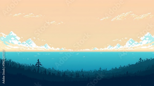 Tranquil sunset over a pixelated coastal landscape with a distant wind turbine