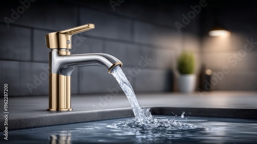 Modern faucet in a kitchen sink pouring water with a clean design and sleek look