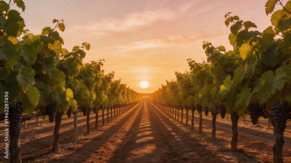 Fototapeta premium Rows of grapevines in a vineyard at sunset