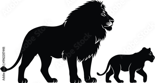 Majestic black lion silhouette standing with a small lion cub on white background, wild animal family vector illustration for nature conservation and safari wildlife.