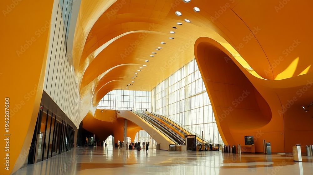 Obraz premium Futuristic architecture - Interior view of a modern building with escalator.
