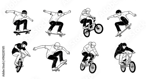 Urban Graffiti Skateboarder and BMX Silhouettes Vector Illustration Sheet in Black Ink Grunge Punk Street Art Style
