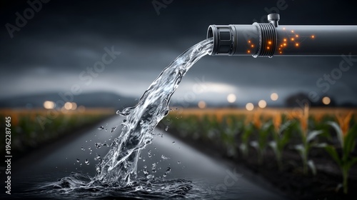 Water flows from a pipe to irrigate crops in a field during agricultural activities