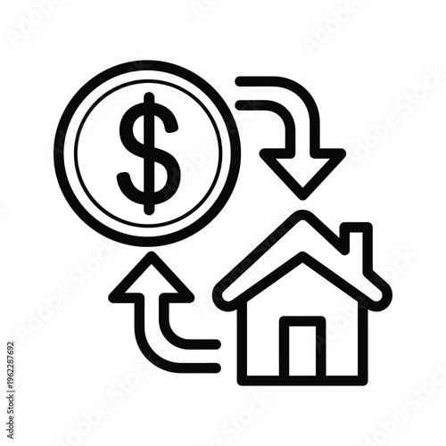 Circular flow of money between a house and a dollar sign symbolizing real estate investment