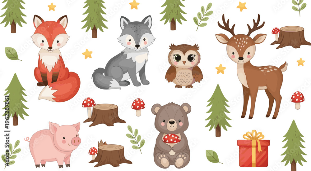 Naklejka premium Woodland Animals with Trees, Mushrooms, and a Gift Box in Forest, Including Fox, Deer, Owl, Bear, Pig, and Wolf