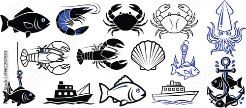 Seafood and nautical icons set including fish crustaceans and boats