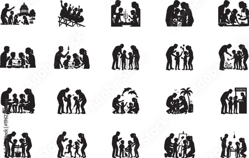 Large collection of family silhouette icons participating in various indoor and outdoor leisure activities together