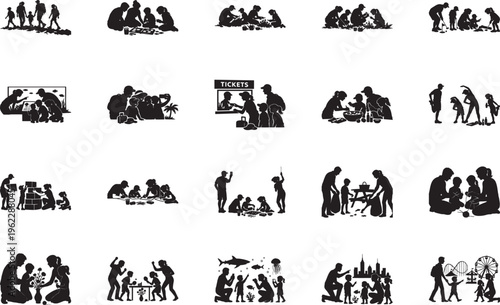 Multi activity family silhouette icons set for lifestyle and recreation concepts