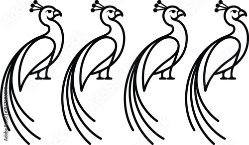 Four Stylized Peacocks Lined Up Side-by-Side Simple Line Art Minimalist