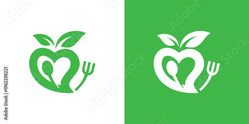 Healthy food logo design with apple shape and cutlery elements.
