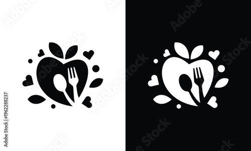 Healthy food logo design with heart shape and cutlery.