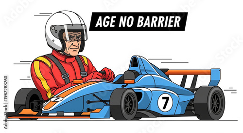A senior man in a red racing suit driving a blue go-kart with the phrase 'AGE NO BARRIER' above him