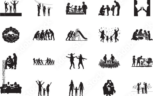 Set of family silhouettes engaged in domestic life cooking and playing