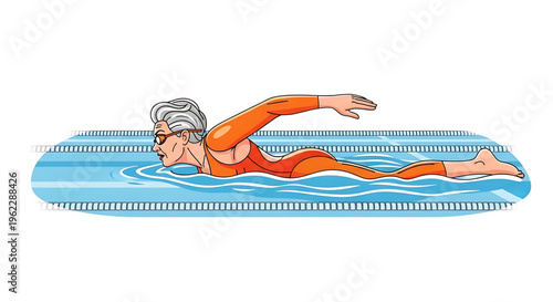 A vector illustration of a woman swimming in a pool with a focused expression