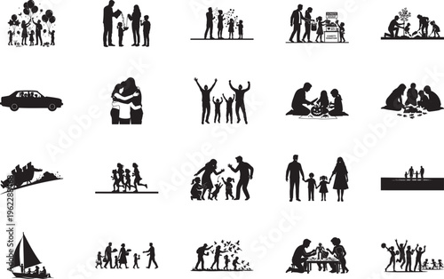 Family lifestyle silhouette icons showing car trips gardening and charitable giving