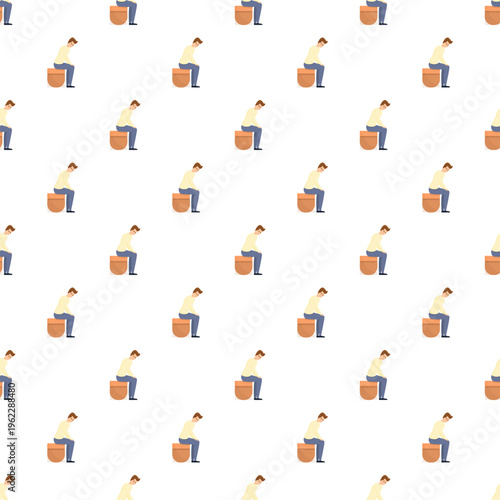 Sad man sitting on a box in a repeating pattern representing job loss and stress