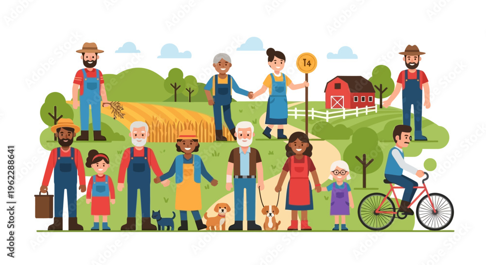Fototapeta premium Diverse Farming Community Illustration: Multi-Generational Farmers & Families in a Green Rural Landscape with Barn & Harvest Fields