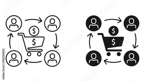 Black and white of shopping cart with money flow trolley