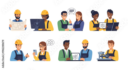 Diverse Engineering & Construction Professionals: Teamwork, Design, and Skilled Trades in Modern Industry