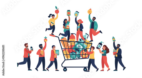 Diverse Shoppers with Full Cart: Happy People Celebrating Groceries & Consumer Products