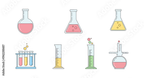 Illustrated scientific laboratory glassware and equipment on a clean white background design.