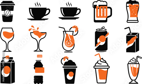 Various drinks icons set with orange and black colors