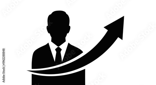 Business professional silhouette with upward arrow representing growth and success