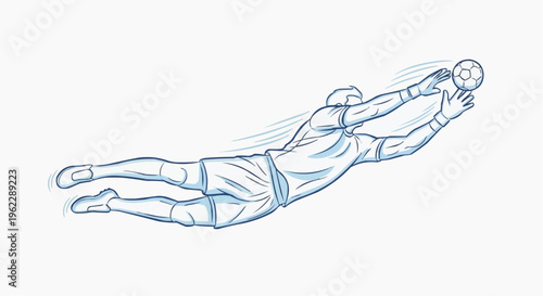 Goalkeeper Diving Save Line Art Vector Soccer Light Blue White