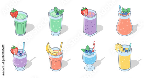 Illustration of assorted refreshing beverages with fruit garnishes in various glasses
