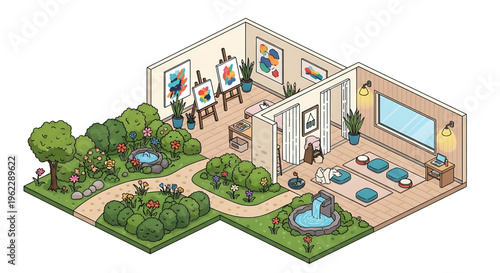 A serene and creative studio space with an indoor garden and meditation area