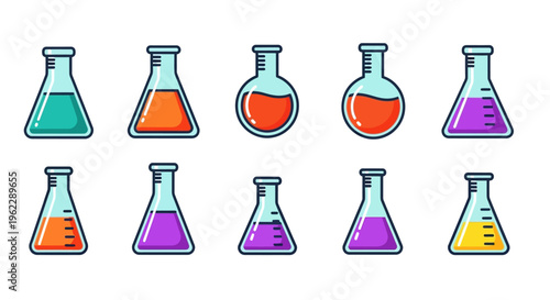 Colorful laboratory flasks filled with liquid chemicals, illustration for science and education