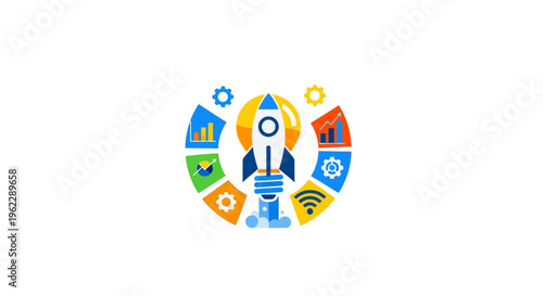 Conceptual illustration depicting business growth, technology, and marketing strategy in a